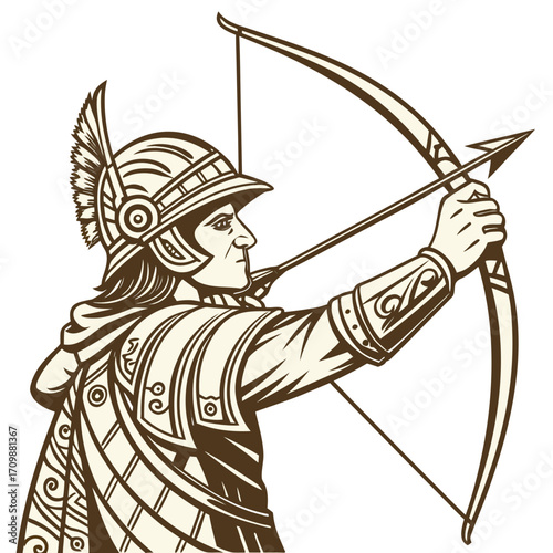 Illustration of a roman archer in full armor, standing and aiming his bow with precision, showcasing the strength and skill of a warrior