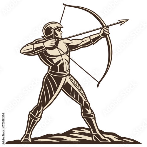 Illustration of a muscular archer in vintage style, clad in armor and helmet, drawing back his bow and aiming an arrow, ideal for sports or history themes