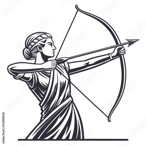 Vector art of a beautiful woman archer draws her bow, aiming with precision, her flowing dress and determined gaze capture the essence of ancient strength and skill