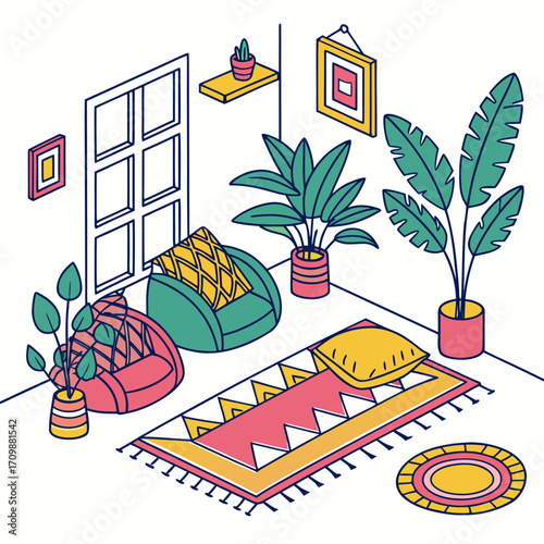 Vector art of a cozy and inviting living room corner with plants, beanbag chairs, and decorative elements, creating a relaxing and stylish atmosphere