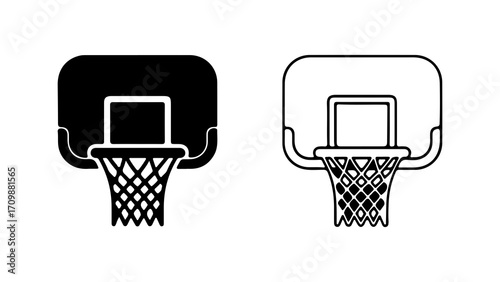 Basketball hoop icons in solid and outline vector styles.