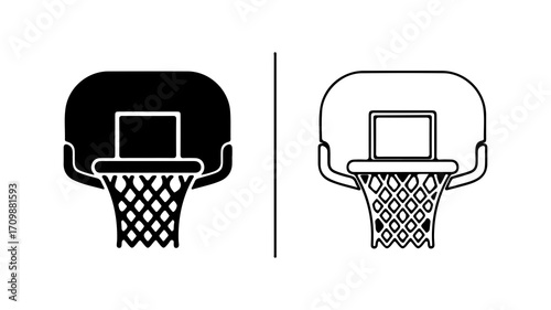 Basketball hoop vector icon set in solid and line art styles.