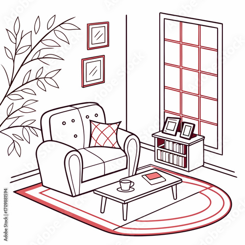 Vector art of a cozy reading nook with an armchair, coffee table, bookshelf, and window a peaceful and inviting space for relaxation and enjoying a good book