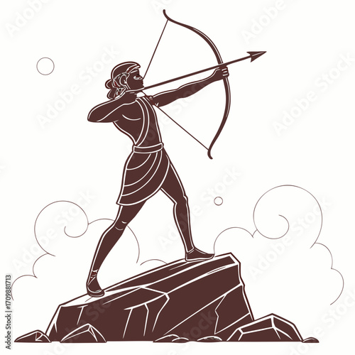 Vector art of a heroic archer stands atop a rocky peak, bow drawn and arrow aimed, the scene evokes a sense of ancient mythology and precision