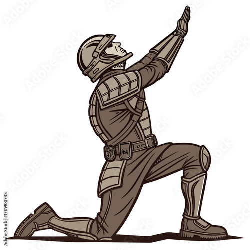 Vector art of a futuristic soldier kneels, raising his hand in a gesture of guidance or protection, he is clad in armor and a helmet, embodying a science fiction protector