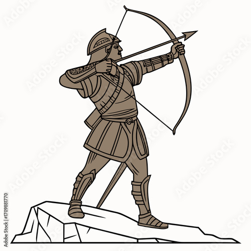 Vector art of a stylized illustration of a medieval archer in armor standing on a rock, drawing his bow and aiming with precision, the artwork captures a sense of historical might