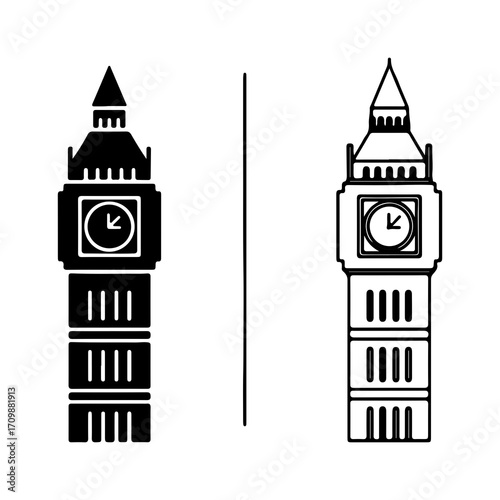 Big Ben Clock Tower London Landmark Icon Set.