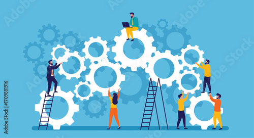 Diverse team collaborating building intricate interconnected gear system complex mechanism