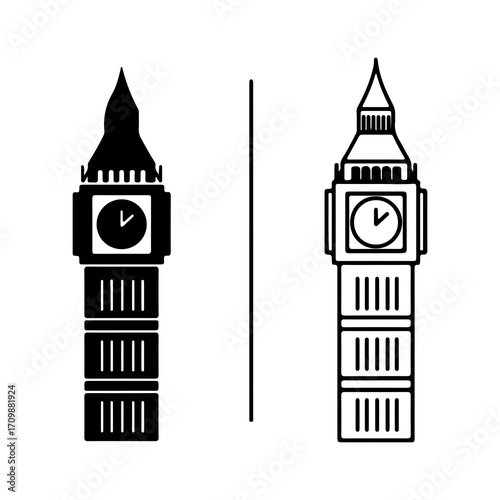 Big Ben Clock Tower London Landmark Silhouette and Outline Icons.