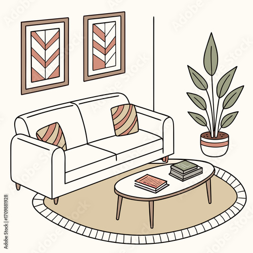 Vector art of cozy living room interior with a sofa, coffee table, potted plant, and framed art on the wall, creating a comfortable and inviting space