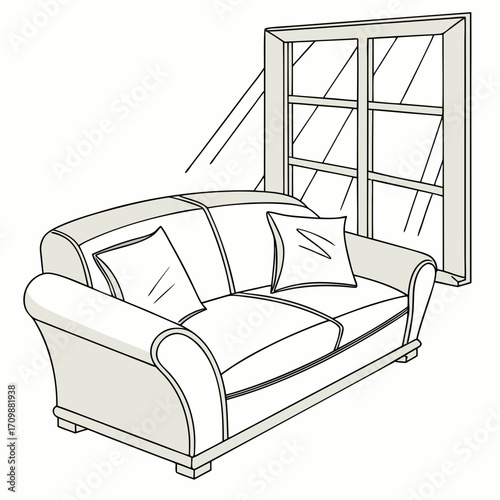 Vector art of cozy living room interior with a comfortable sofa, pillows, and a window, creating a relaxing and inviting atmosphere perfect for home decor and design projects