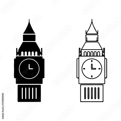 Big Ben Clock Tower Silhouette and Outline Illustration.