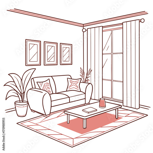 Vector art of cozy living room interior with sofa, coffee table, potted plant, and window with curtains a serene and inviting space for relaxation and comfort