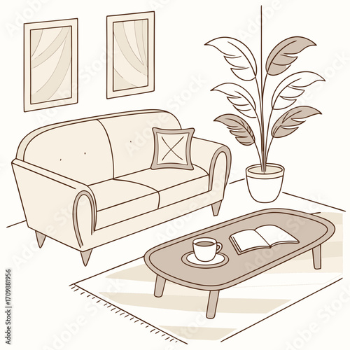 Vector art of cozy living room interior with sofa, coffee table, plant, and wall art, creating a comfortable and inviting space for relaxation and leisure