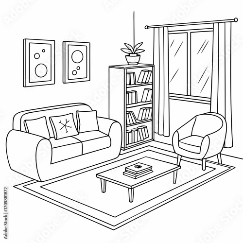 Vector art of cozy living room interior with sofa, armchair, bookshelf, coffee table, rug, and window, creating a comfortable and inviting space black and white vector