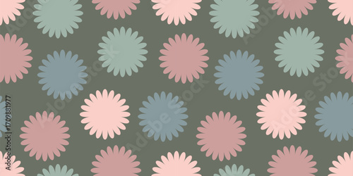 Seamless floral pattern with pastel pink, blue, and green flowers on a deep gray background. A bold yet soft design, great for apparel, stationery, gift wrap, and digital projects