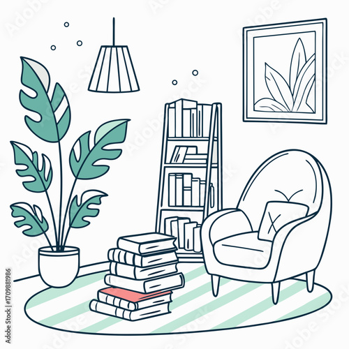 Vector art of cozy reading nook with a monstera plant, books, armchair, and bookshelf a peaceful scene for relaxation and enjoying a good book in a comfortable setting