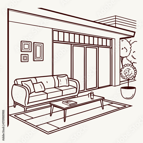 Vector art of cozy outdoor living space with a comfortable sofa, coffee table, and potted plant, creating a relaxing atmosphere for enjoying the fresh air and sunshine