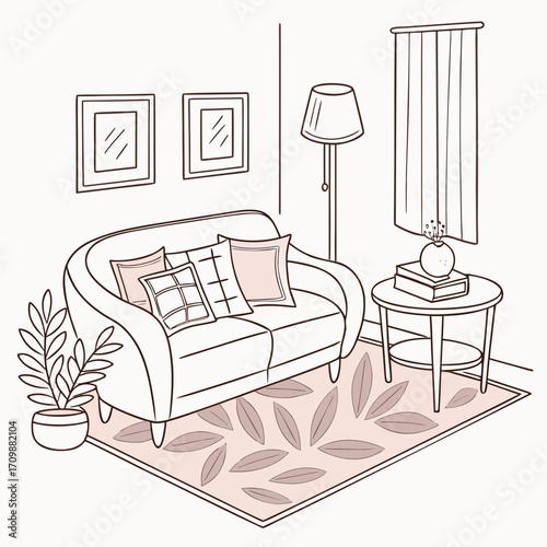 Vector art of handdrawn living room illustration showcasing a sofa, pillows, plant, lamp, table, and wall art, creating a warm and inviting interior design concept