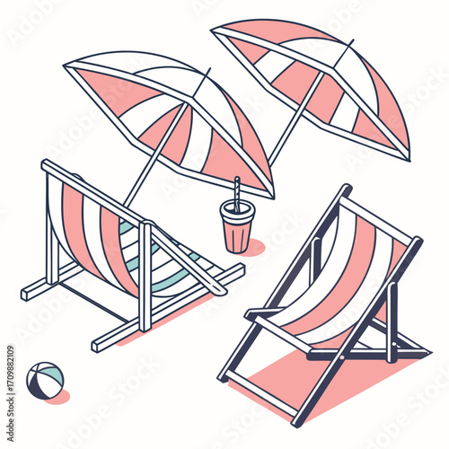 Vector art of isometric beach scene deck chairs, umbrellas, and beach ball in pink and white color scheme summer vacation concept with seaside relaxation