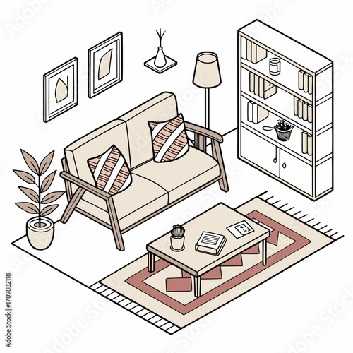 Vector art of isometric living room illustration featuring a sofa, coffee table, bookshelf, lamp, plant, and wall art, creating a cozy and inviting interior scene