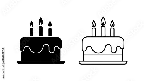 Birthday cake with candles icon set in black and white.