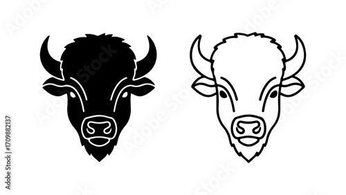Bison head outline and silhouette set.
