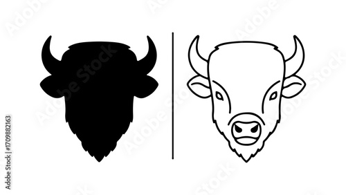 Bison Head Silhouette and Outline Illustration.
