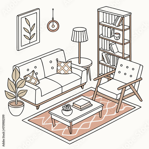 Vector art of isometric living room interior design with furniture, including a sofa, armchair, bookshelf, coffee table, and rug, creating a cozy and modern space