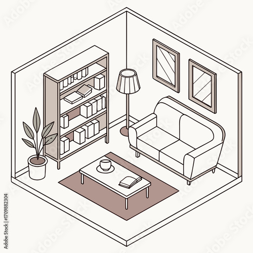 Vector art of isometric living room interior with sofa, bookcase, lamp, table, plant, and picture cozy home decor and furniture arrangement in a modern style