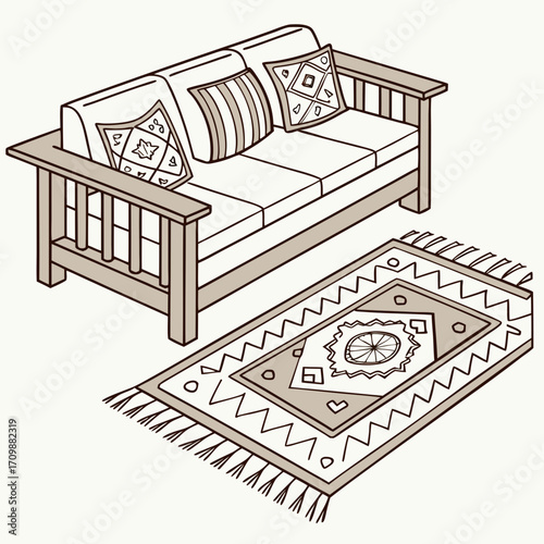 Vector art of isometric living room interior showcasing a sofa and rug, creating a comfortable and stylish space for relaxation and socializing with friends