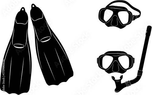 scuba diving gear silhouettes including fins, mask, and snorkel
