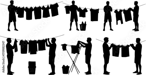 Casual Man Doing Laundry with Clothesline Silhouette
