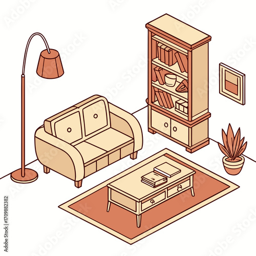 Vector art of isometric living room interior with sofa, bookshelf, lamp, coffee table, plant, and wall art, creating a cozy and stylish space