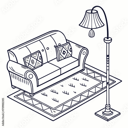 Vector art of isometric living room interior with sofa, floor lamp and rug cozy home decor in outline style vector illustration of furniture arrangement