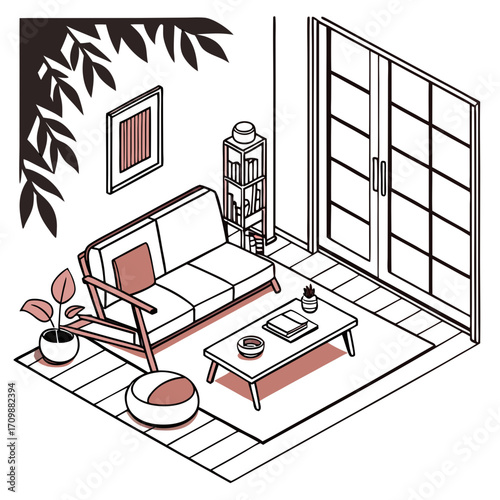 Vector art of isometric view of a cozy living room with sofa, plant, coffee table, and sliding door, creating a comfortable and stylish space for relaxation
