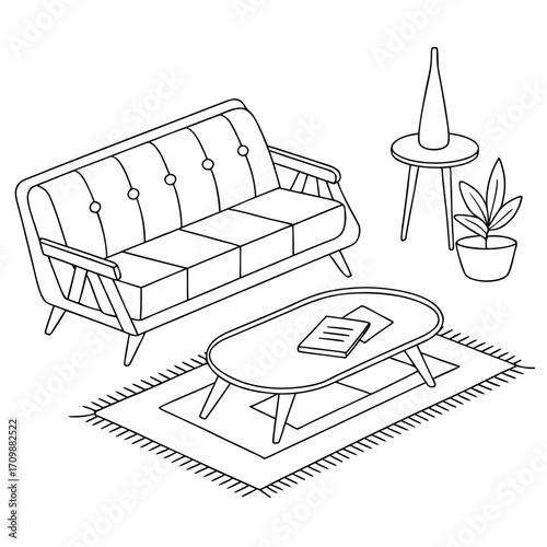 Vector art of modern living room interior with a stylish sofa, coffee table, side table, and potted plant, creating a minimalist and elegant space