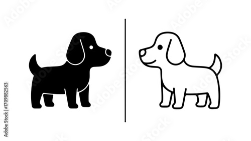 Black and White Cartoon Dog Illustrations Facing Each Other.