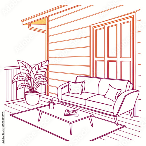 Vector art of stylish outdoor patio with a comfortable sofa, coffee table, and lush greenery, creating a relaxing and inviting space for enjoying the outdoors and entertaining guests