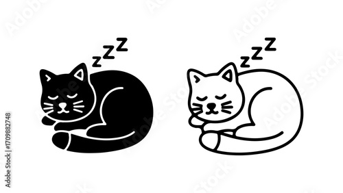 Black and White Cat Sleeping Curled Up Icon Set.