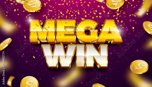 Casino Illustration with 3d Golden Mega Win Text Label and Playing Chips on Dark Background. Vector Luxury Gambling Design with Falling Confetti for Flyer, Invitation, Greeting Card, Banner or Holiday