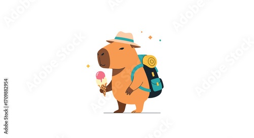 A cheerful capybara enjoys a refreshing ice cream cone while wearing a straw hat and a backpack on a sunny day.
