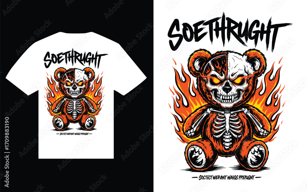 Fototapeta premium Fiery Bear Skull T Shirt Design with Edgy Typography and Skeleton Theme