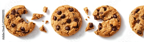 Three broken chocolate chip cookies on a white background