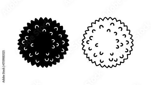 Black and white fluffy round objects with small curved lines.