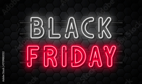 Black Friday sale. Black Friday neon signboard on a dark background. Glowing neon text for advertisement and promotion in white and red colors. Black Friday neon light banner. Vector