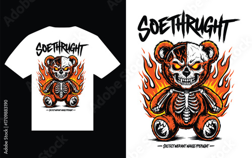 Fiery Bear Skull T Shirt Design with Edgy Typography and Skeleton Theme