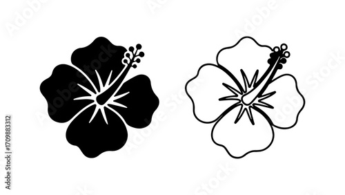 Black and white hibiscus flower icons tropical floral design elements.