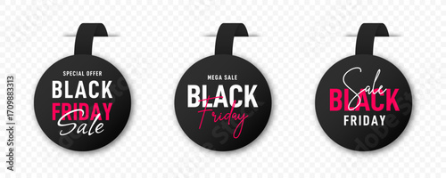 Black Friday sale tags. Plastic badges and price tags with Black Friday text. Black Friday promotional banners, discount labels collection. Vector