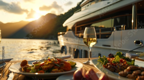 Elegant dinner experience at sunset scenic yacht food and drink coastal environment relaxed viewpoint culinary adventure
